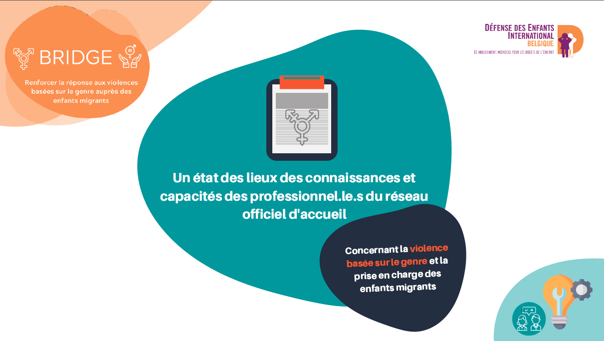 Infographie BRIDGE : Un état des lieux des connaissances et capacités des professionnel.le.s du réseau officiel d'accueil concernant la VBG et la prise en charge des enfants migrants